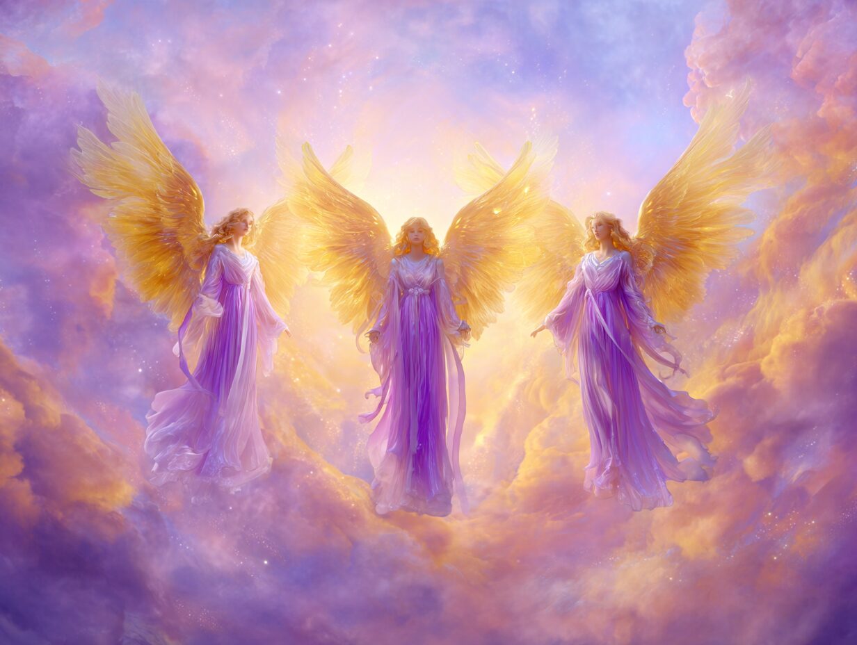 Three angels with gold wings hovering over purple clouds.