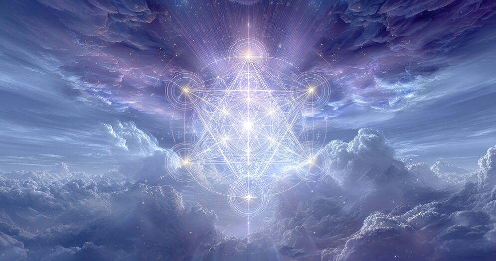 Metatronic Cube geometric shape made up of white light against a dark blue and purple cloudy sky